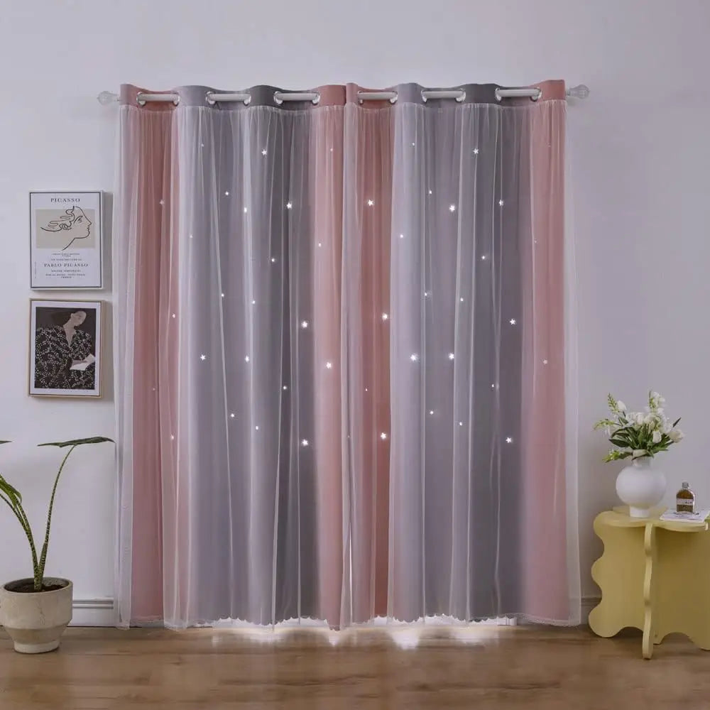 Nutshell Colorful Rainbow Twinkle Star Curtains pink and gray grommet sheer overlay with twinkle lights