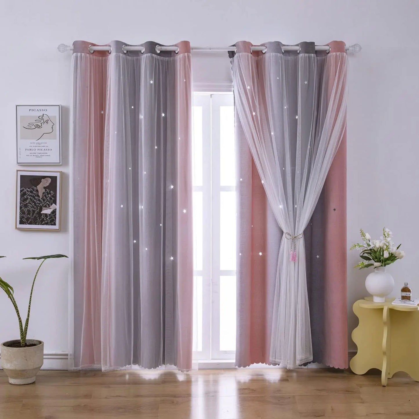 Colorful Rainbow Twinkle Star Curtains by Nutshell pink and gray ombre panels with sheer starry overlay