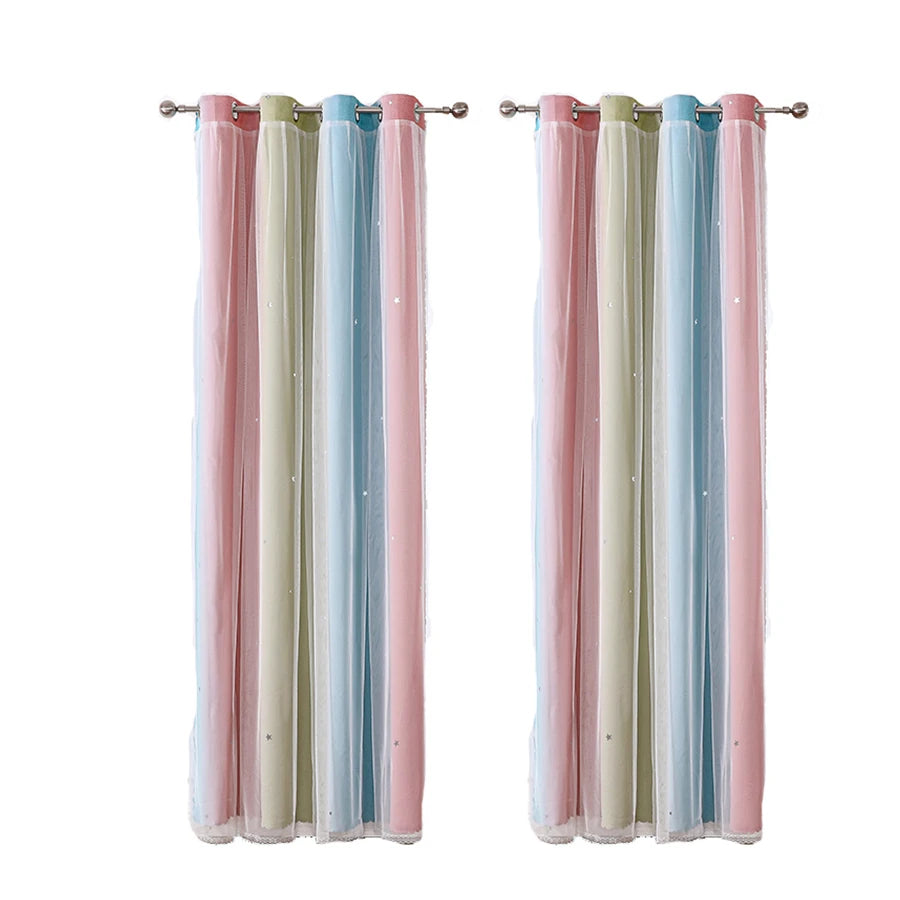 Colorful Rainbow Twinkle Star Curtains pastel striped grommet panels with sheer star twinkle overlay