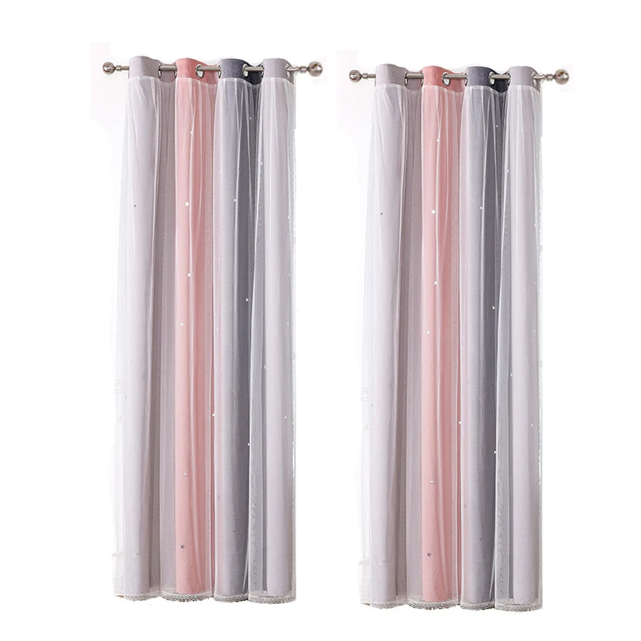 Colorful Rainbow Twinkle Star Curtains grommet top pastel pink gray white set of two panels with sheer star overlay