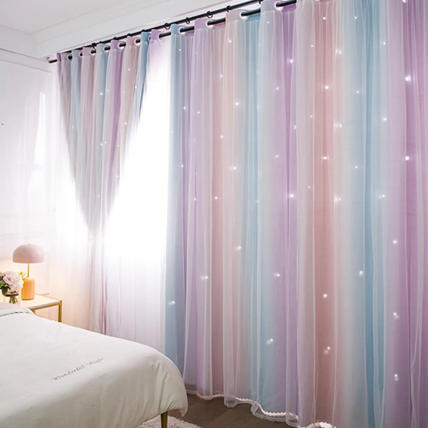 Colorful Rainbow Twinkle Star Curtains pastel sheer bedroom drapes with soft twinkle lights for cozy decor