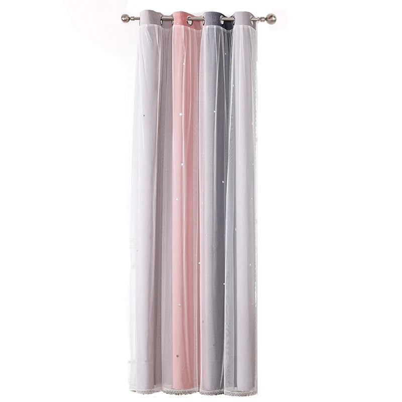 Sheer grommet top panels in white pink and gray with tiny star sequins Colorful Rainbow Twinkle Star Curtains for nursery