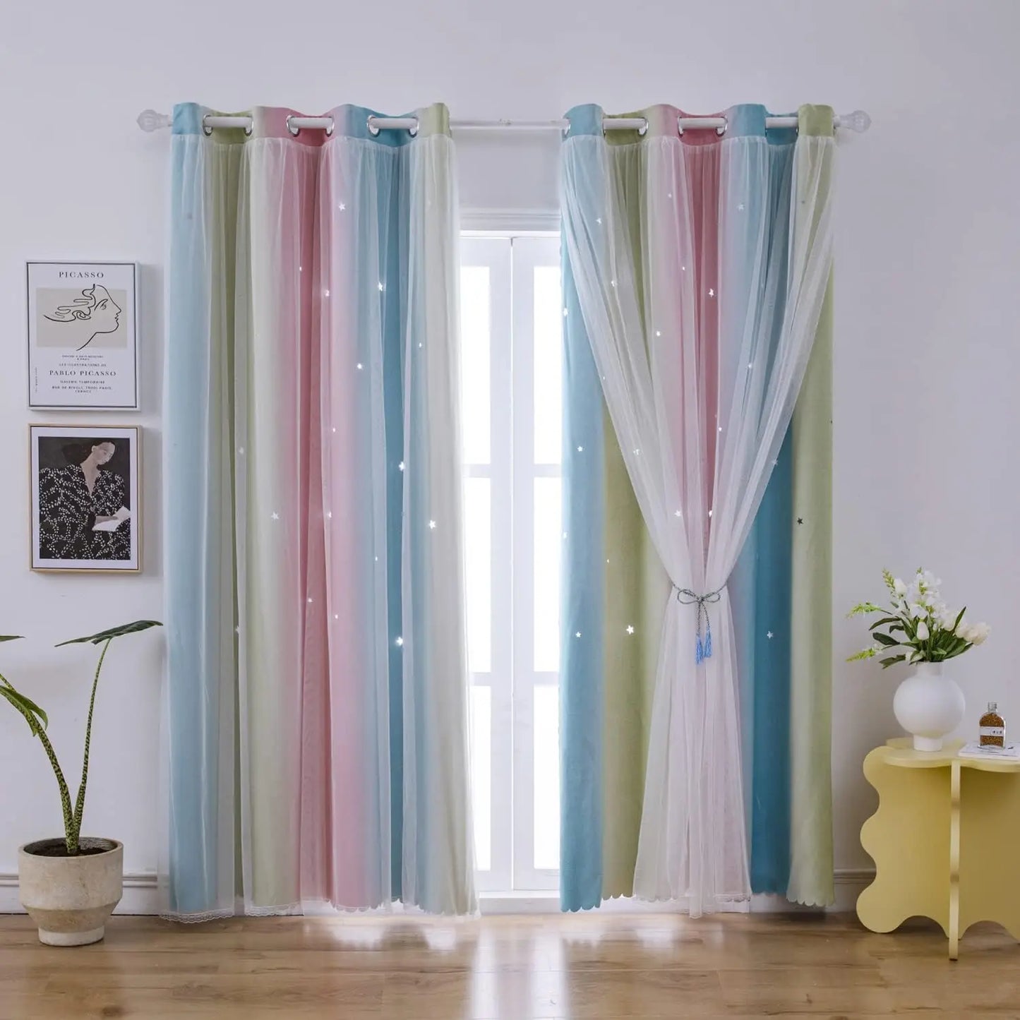 Colorful Rainbow Twinkle Star Curtains pastel sheer panels with twinkling star accents hanging in bright modern living room