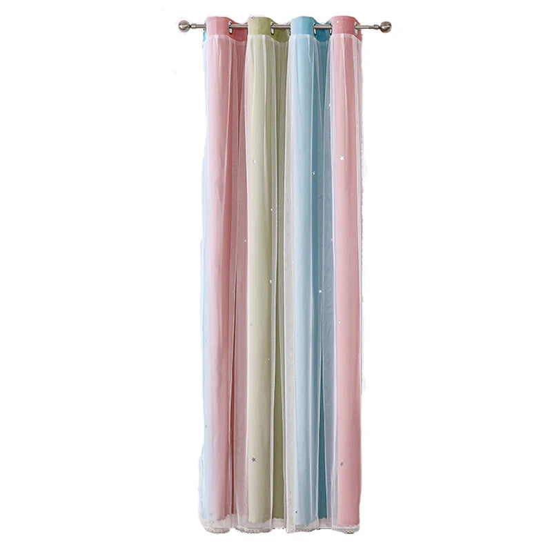 Nutshell Colorful Rainbow Twinkle Star Curtains pastel sheer panels in pink green blue with grommets and star accents