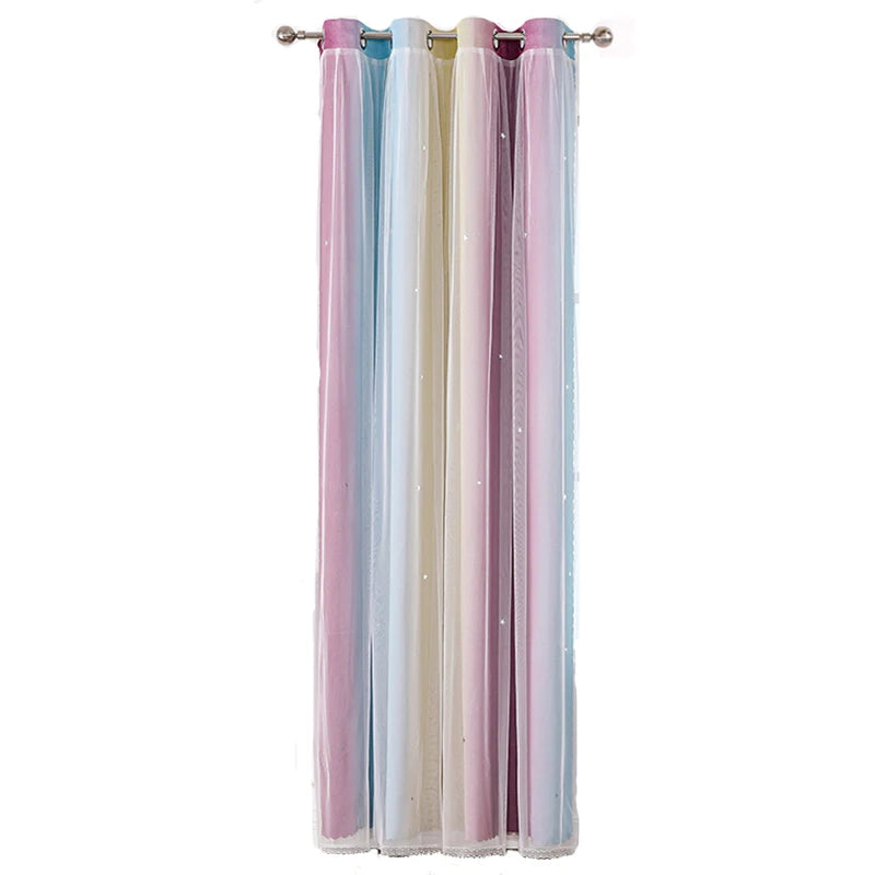 Colorful Rainbow Twinkle Star Curtains sheer pastel grommet top panels with glitter star accents for nursery