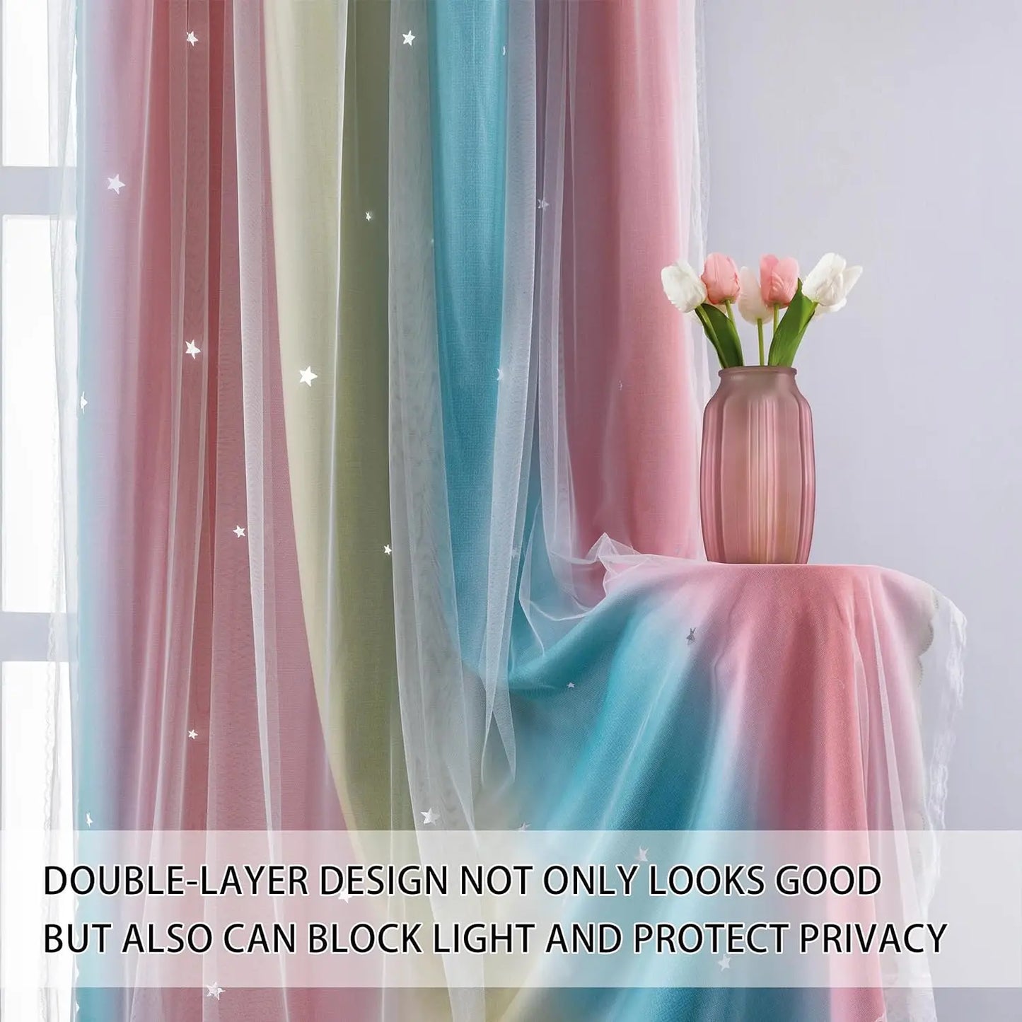 Colorful Rainbow Twinkle Star Curtains sheer pastel gradient with star accents double layer privacy and light blocking drape