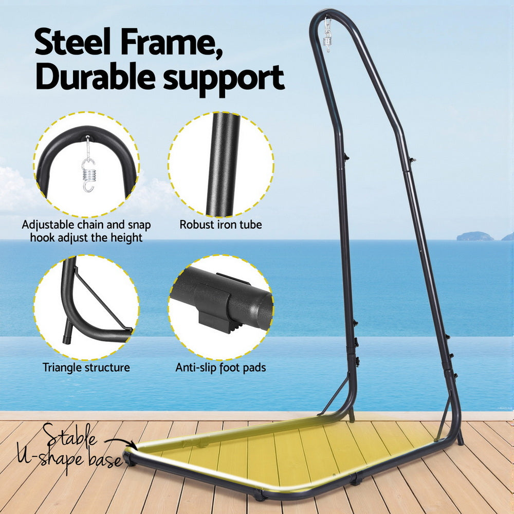 Nutshell black steel hammock chair with stand showing U shape base adjustable chain triangle structure anti slip pads