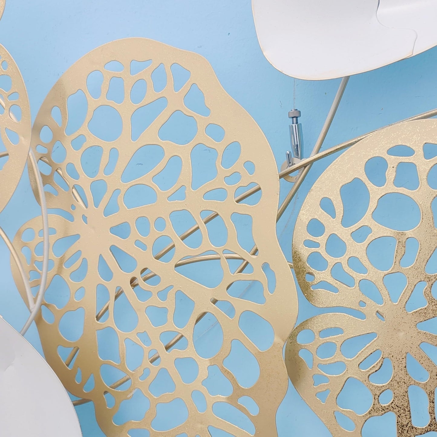 Super Large luxury leaf wall hanging featuring intricate gold and white leaf designs on a blue background