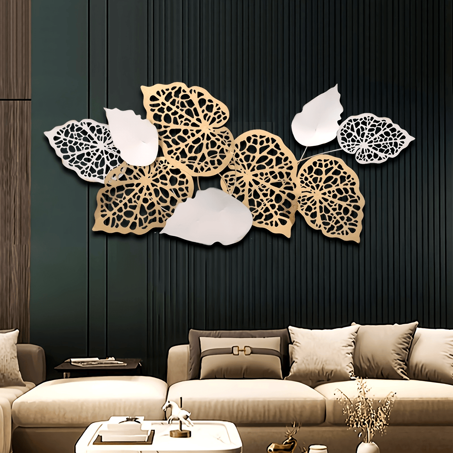 Super Large luxury leaf wall hanging in white and gold, perfect for modern home decor