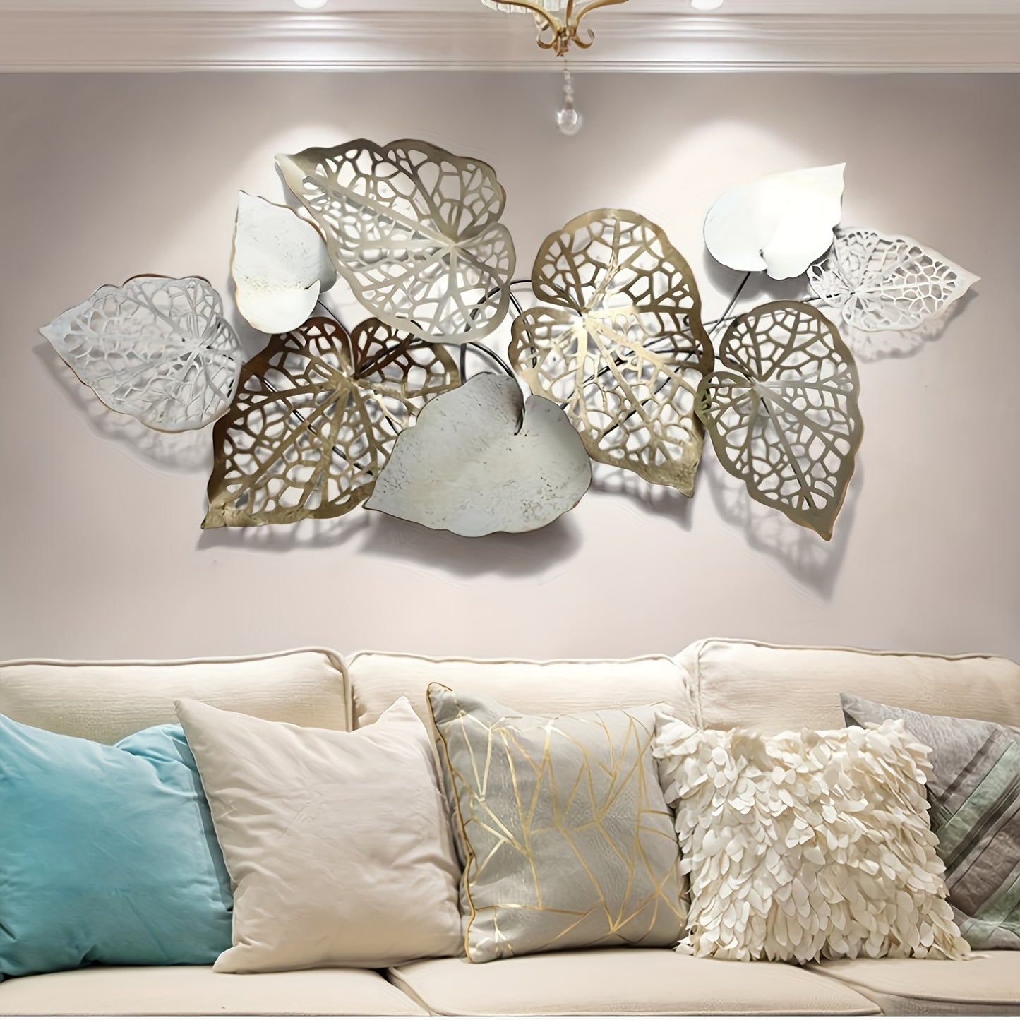 Super Large luxury leaf wall hanging in gold and silver tones, perfect for modern home decor
