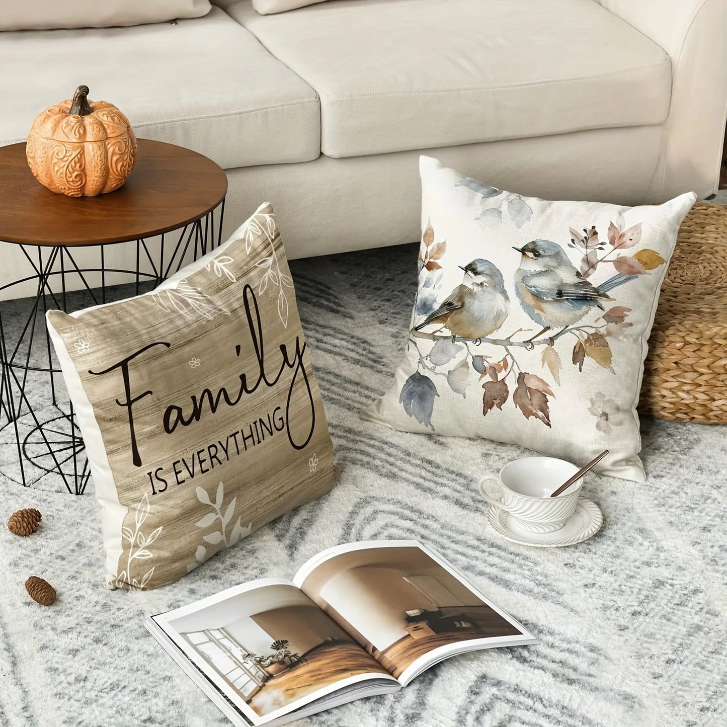 Sweet home decorative pillow cover set featuring family quote and bird design on cozy living room sofa