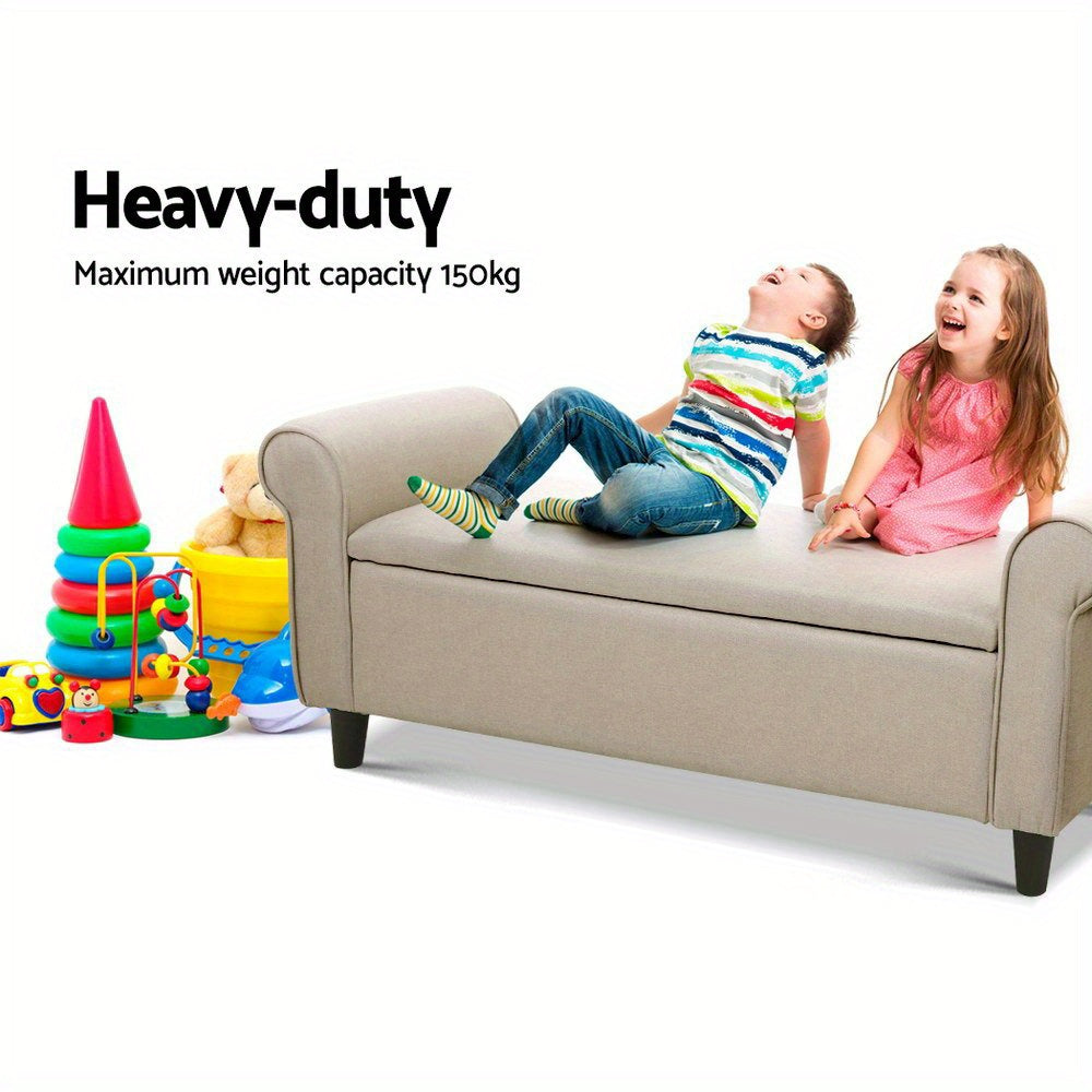 Taupe storage ottoman bench with a heavy-duty design, perfect for kids playing and storage needs