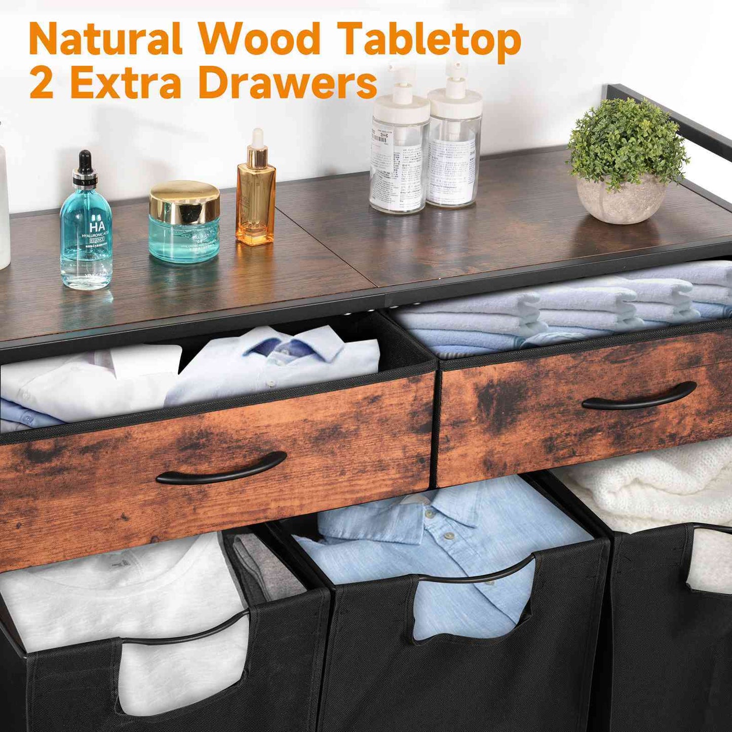 Three section laundry sorter with draws featuring a natural wood tabletop and two extra drawers