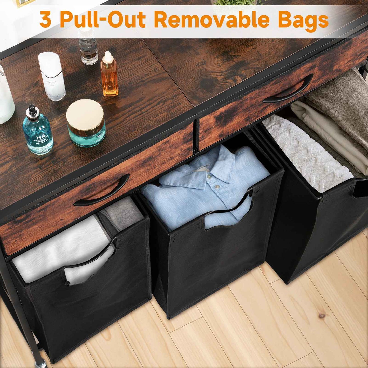 Nutshell three section laundry sorter with drawers featuring three pull-out removable bags for organized laundry storage