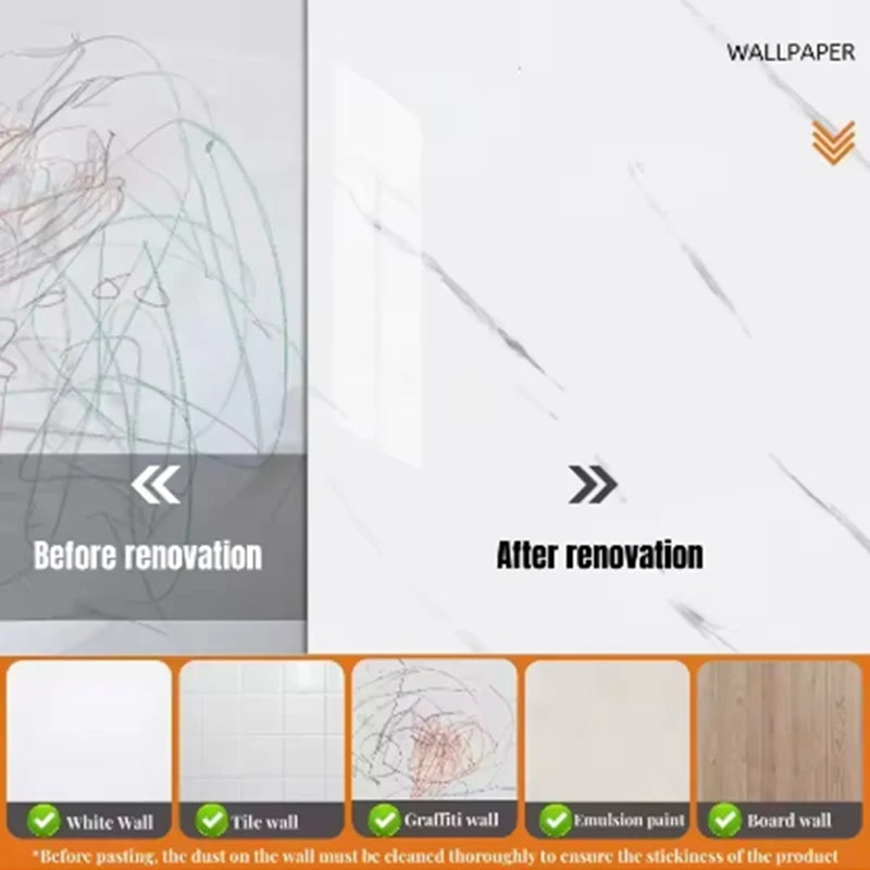 Nutshell wall paper showing before and after renovation with marble white imitation ceramic tile pattern for walls