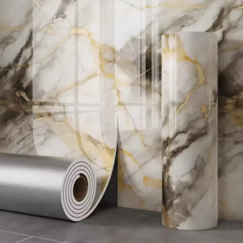 Nutshell marble vein wallpaper rolls and panel showcasing imitation ceramic tile look in white gold and gray