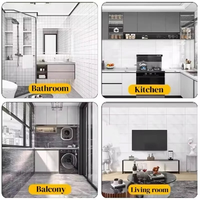 Nutshell wall paper imitation ceramic tile pattern shown in bathroom kitchen balcony and living room mockups