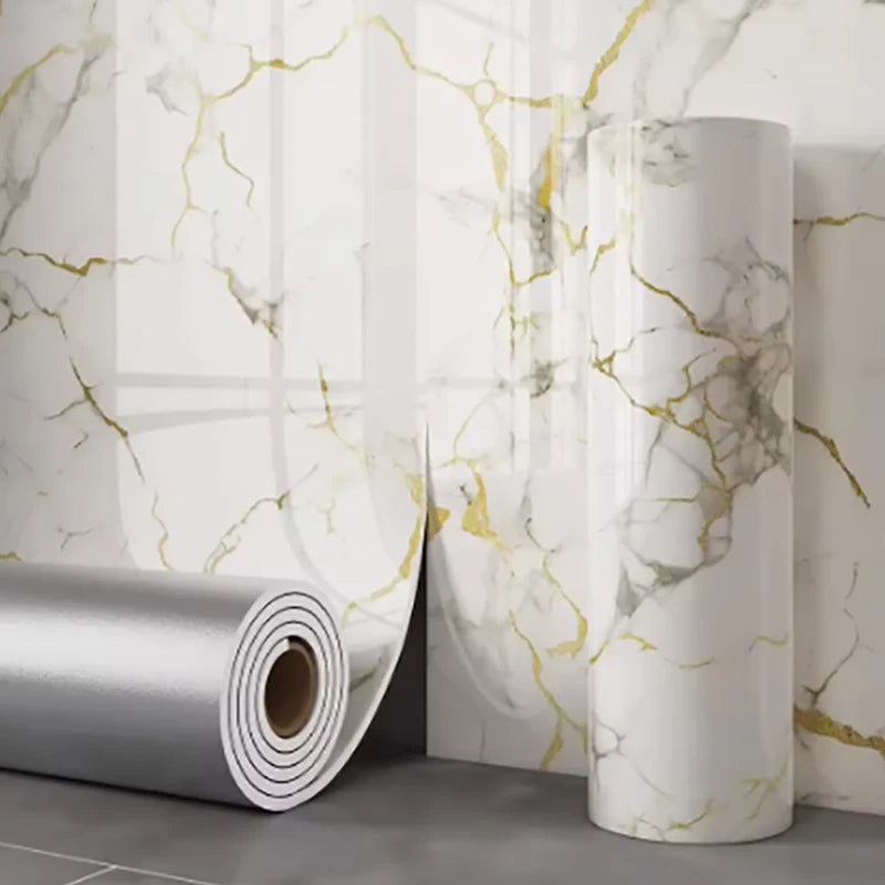 Nutshell wall paper roll with white marble and gold veining imitation ceramic tile look for elegant interiors