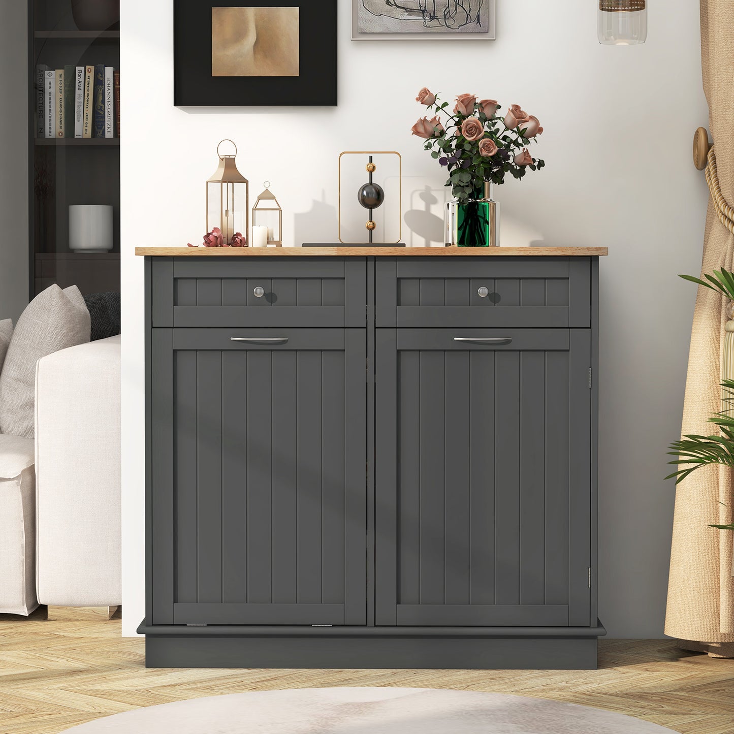 Nutshell tilt-out trash cabinet in gray with wooden top and two storage compartments for a tidy kitchen