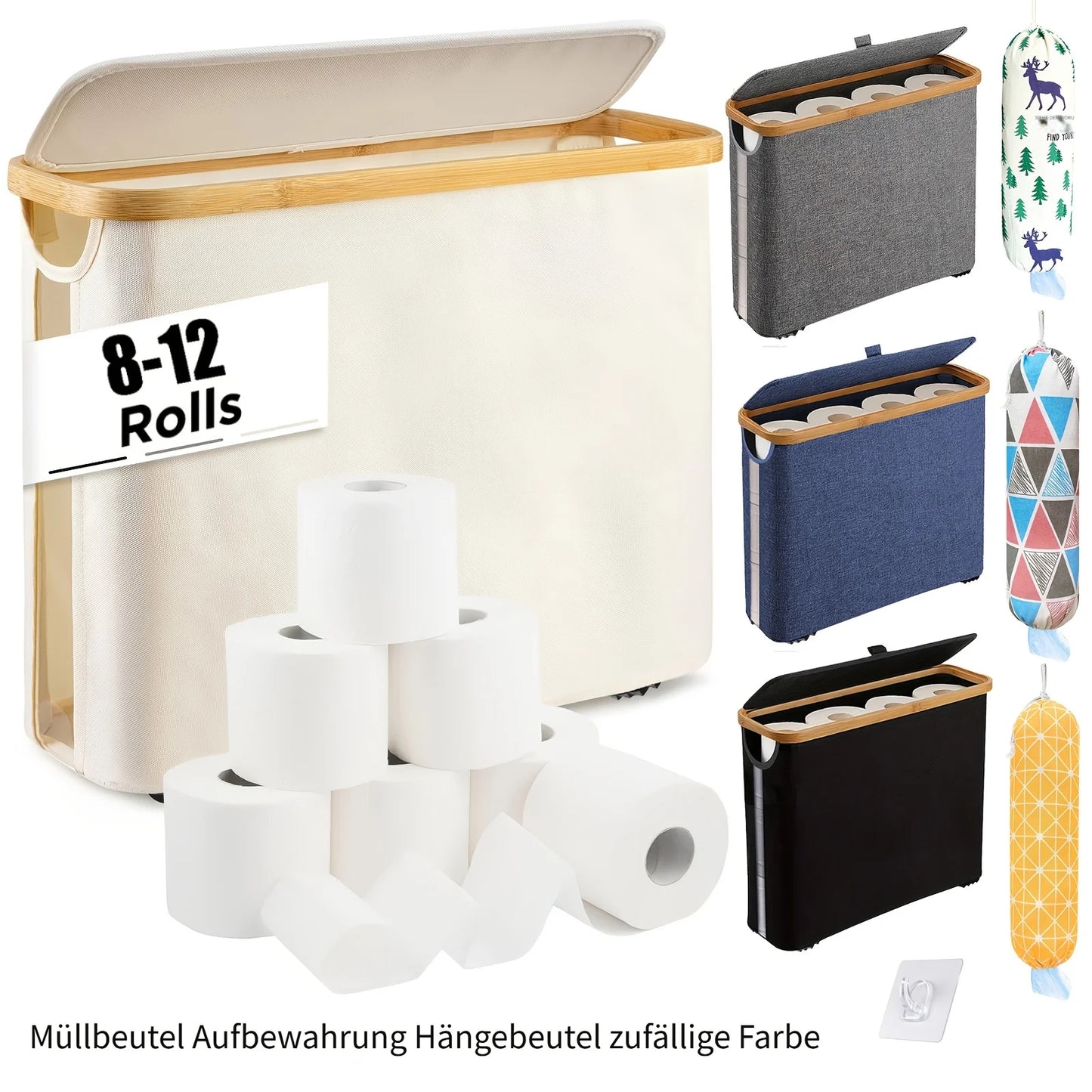 Nutshell toilet paper organizer with lid for storing 8-12 rolls in a stylish design