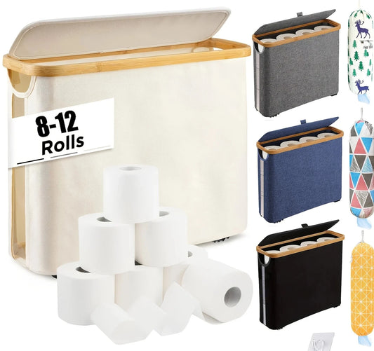 Nutshell toilet paper organizer with lid for storing 8-12 rolls in a stylish design