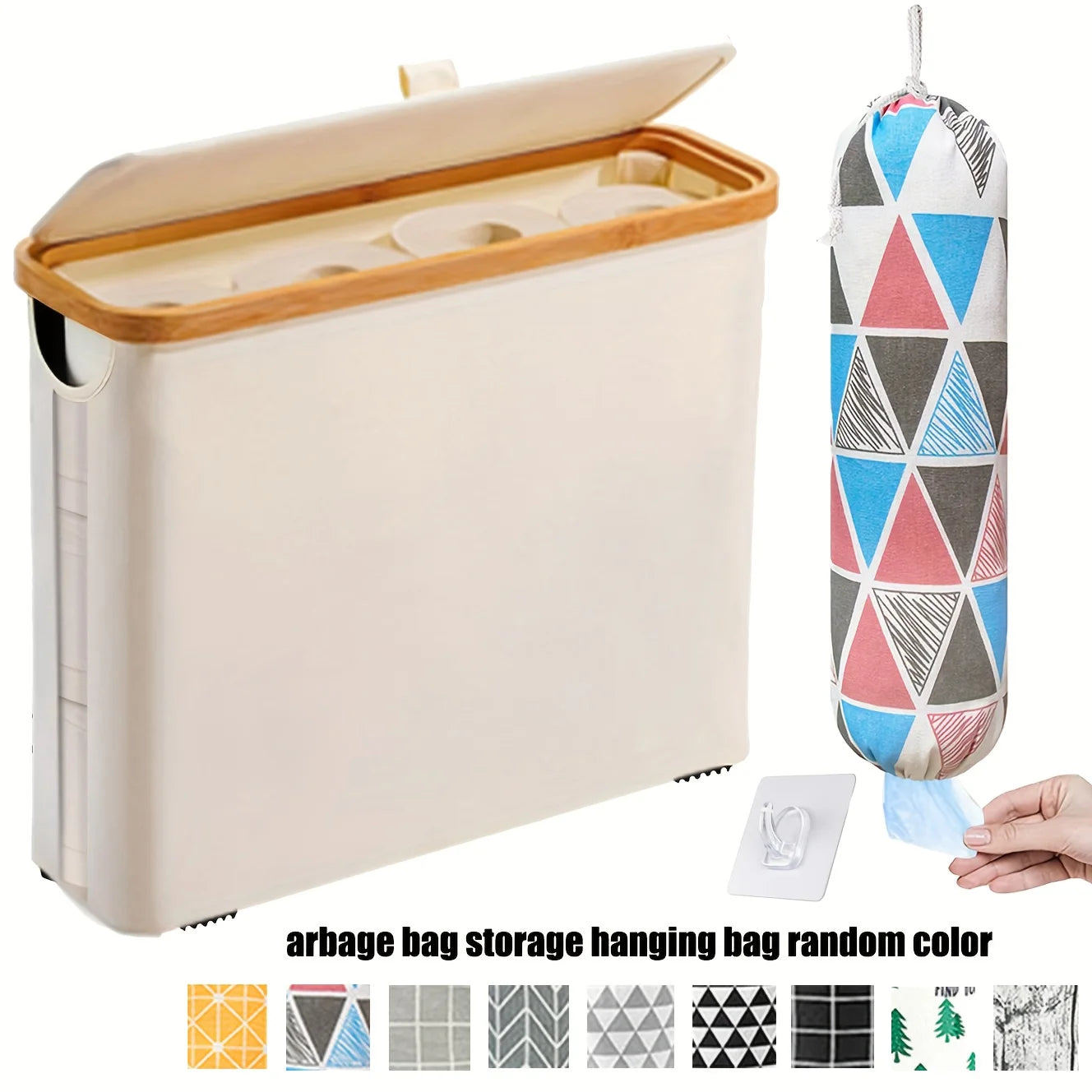 Nutshell toilet paper organizer with lid featuring a stylish design and a hanging bag for convenience