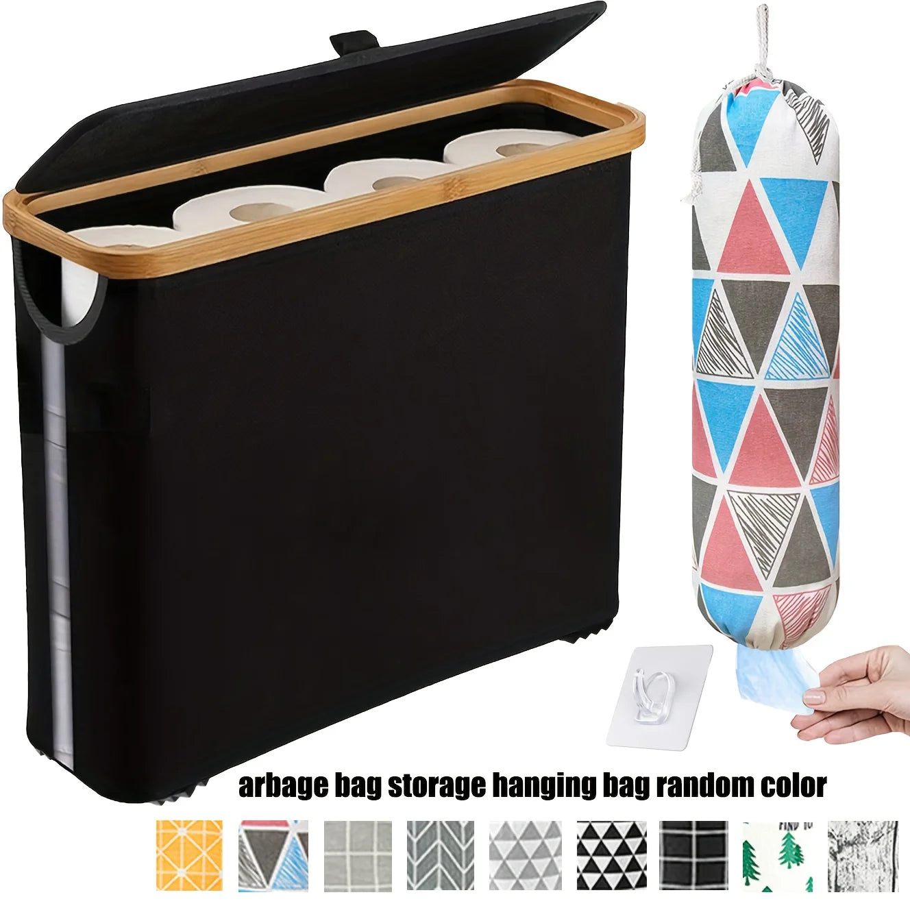 Nutshell toilet paper organizer with lid featuring a sleek black design and a bamboo top