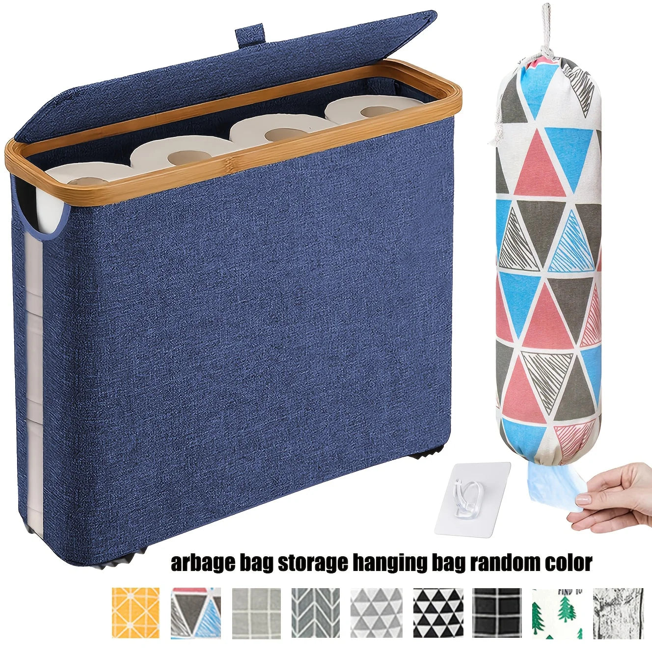 Nutshell toilet paper organizer with lid featuring a stylish blue design and bamboo top for bathroom storage