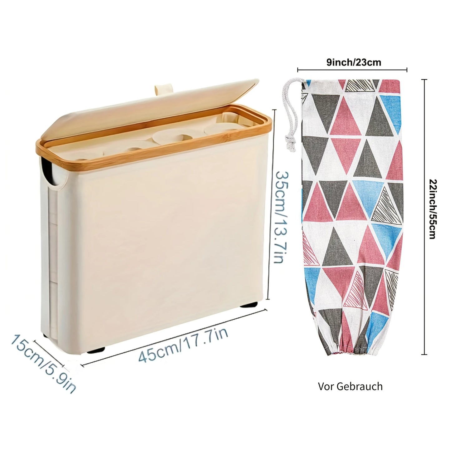 Nutshell toilet paper organizer with lid featuring a sleek design and dimensions for efficient storage