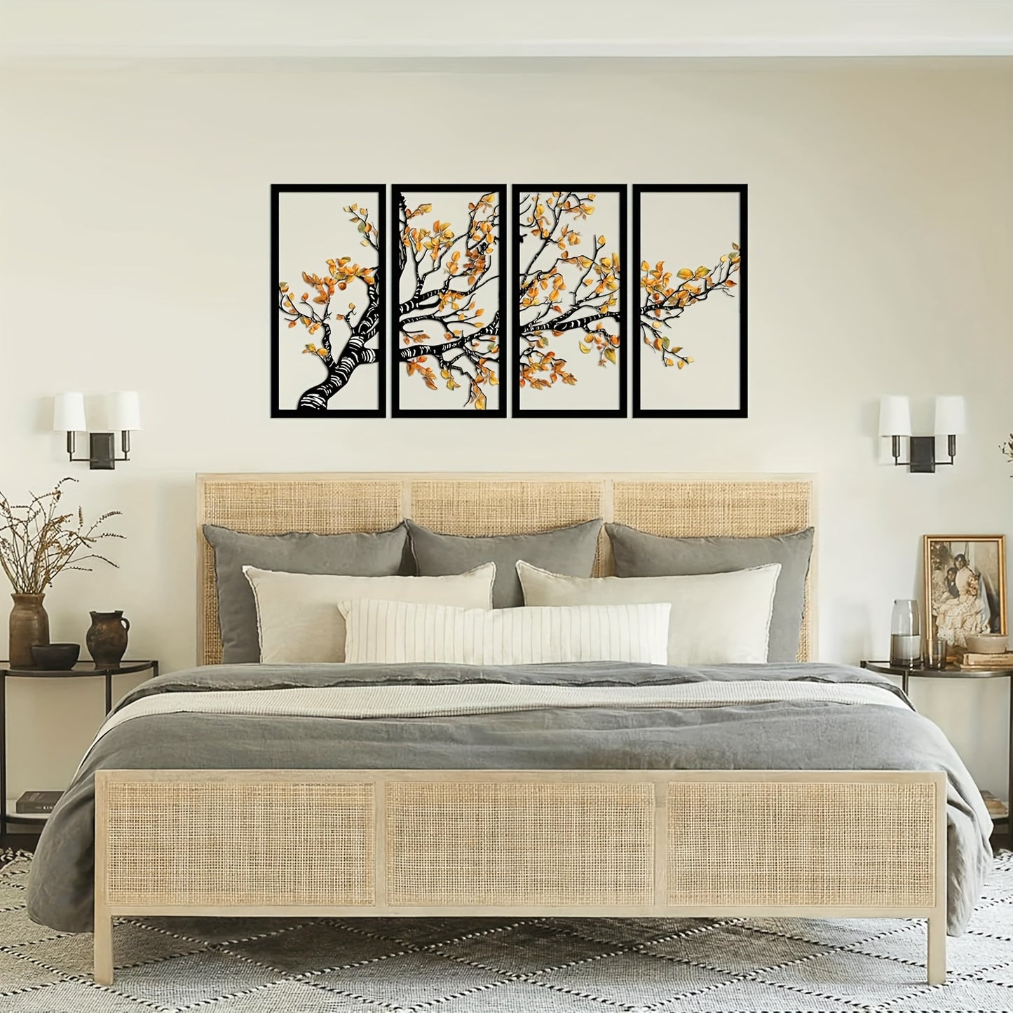 Nutshell Tree Wall Decor with Bird featuring a multi-panel autumn tree branch above bed