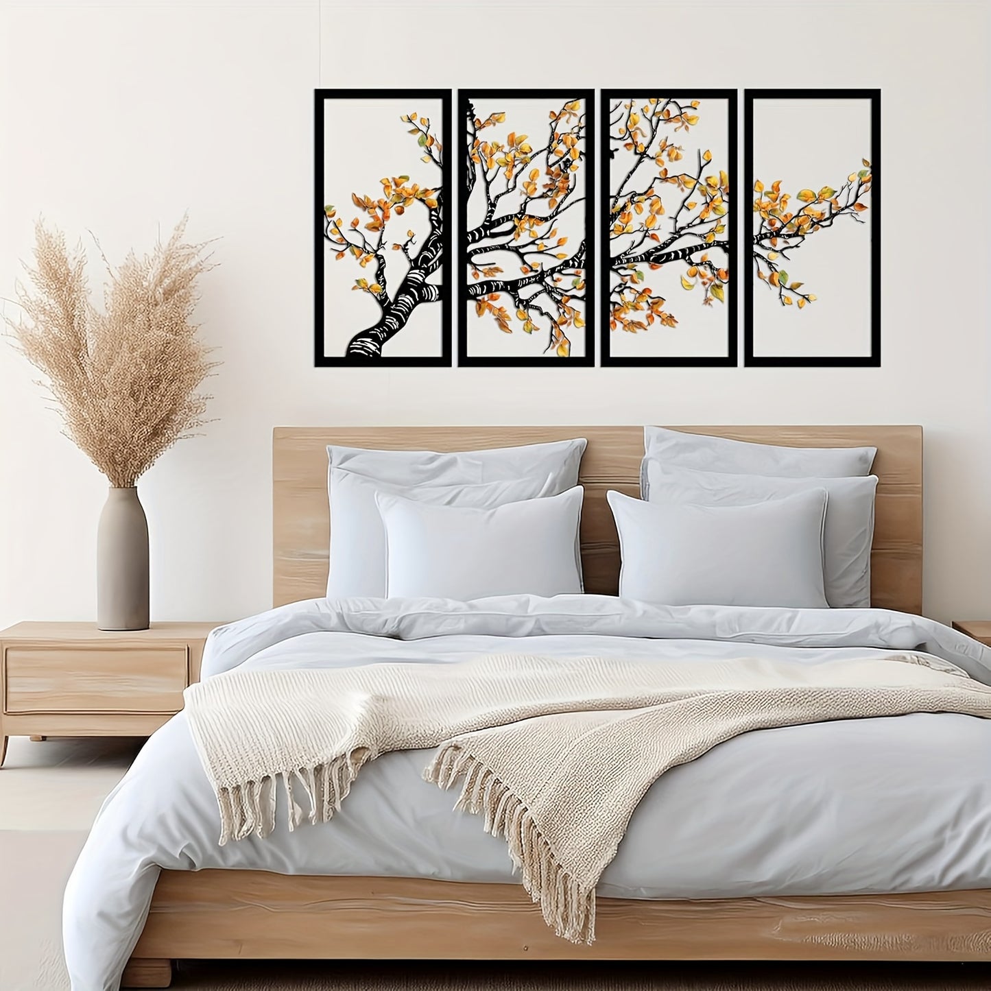 Nutshell Tree Wall Decor with Bird split panel art featuring autumn leaves in bedroom above bed