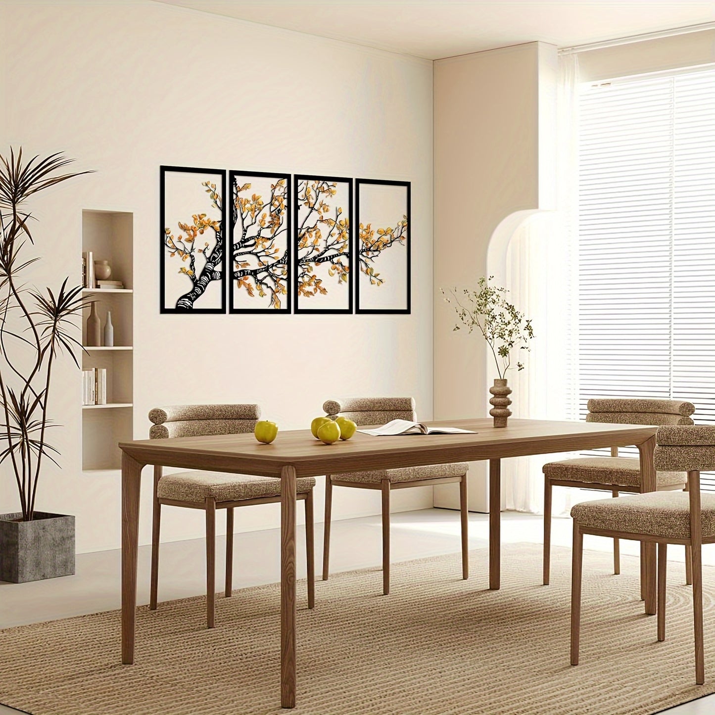 Nutshell Tree Wall Decor with Bird in black framed panels above modern dining table in bright room