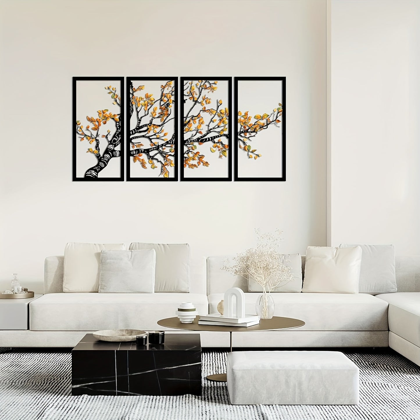 Nutshell Tree Wall Decor with Bird in four black frames featuring autumn leaves above modern white sofa