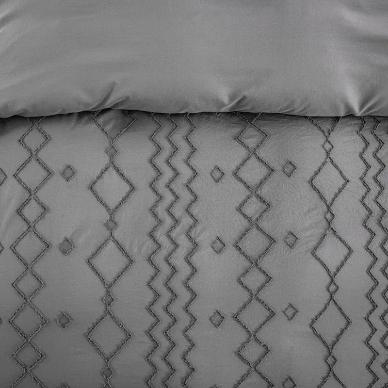 Nutshell tufted gray duvet cover set featuring intricate diamond and zigzag stitch patterns