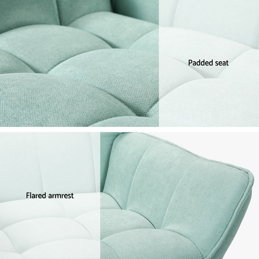 Nutshell tufted wingback armchair with padded seat and flared armrest in soft green fabric