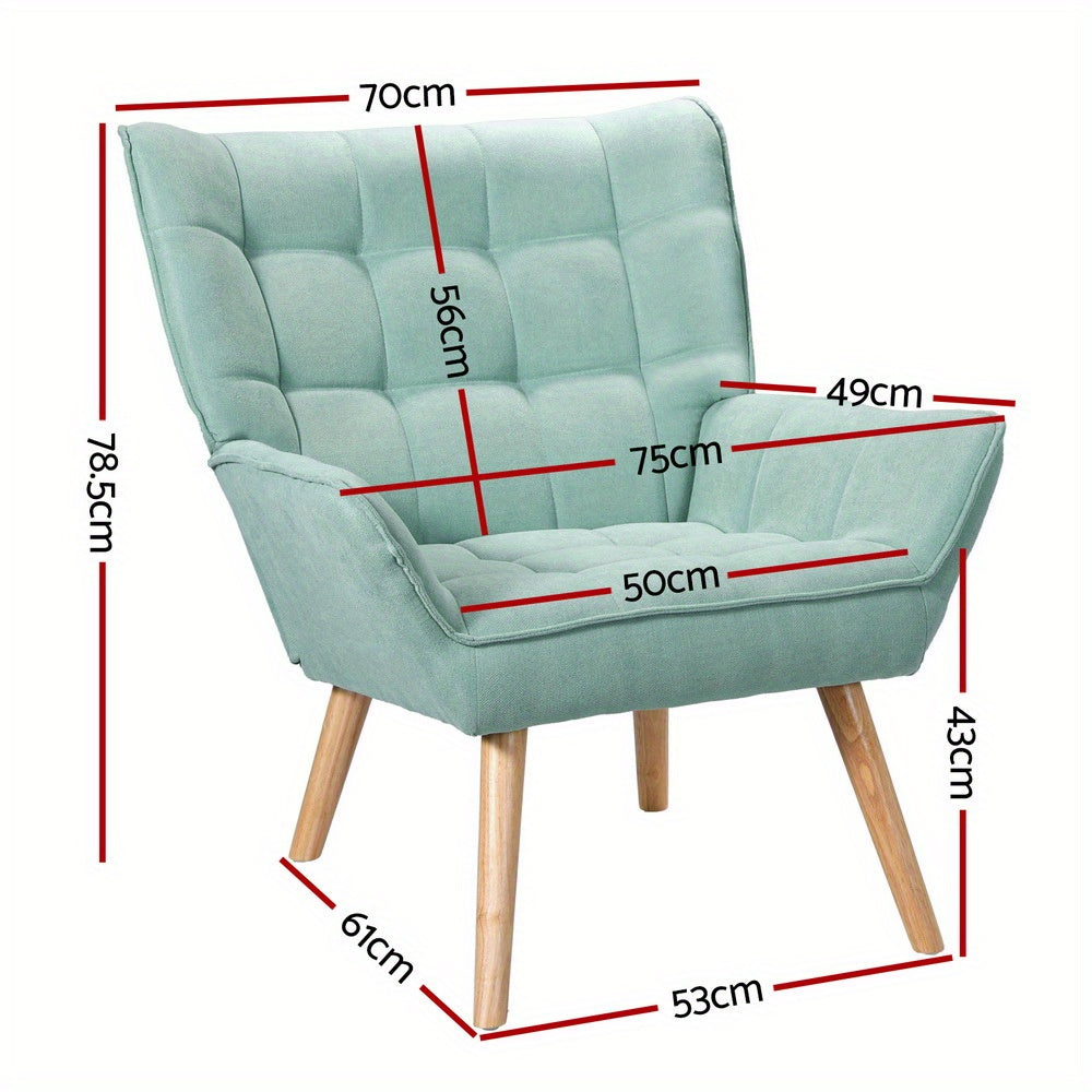 Nutshell tufted wingback armchair in mint green with wooden legs and detailed dimensions