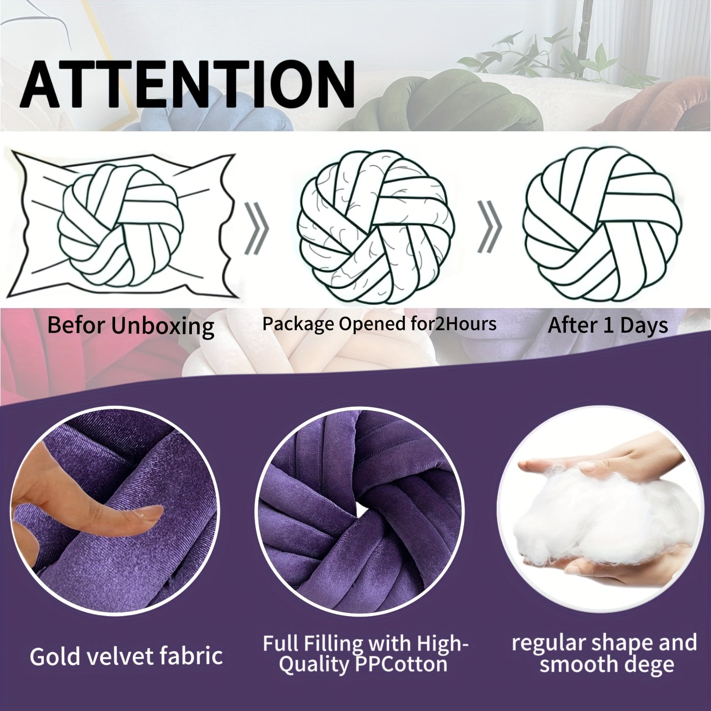 Two Piece Set Round Velvet Knot Cushion in gold, showcasing soft texture and stylish design