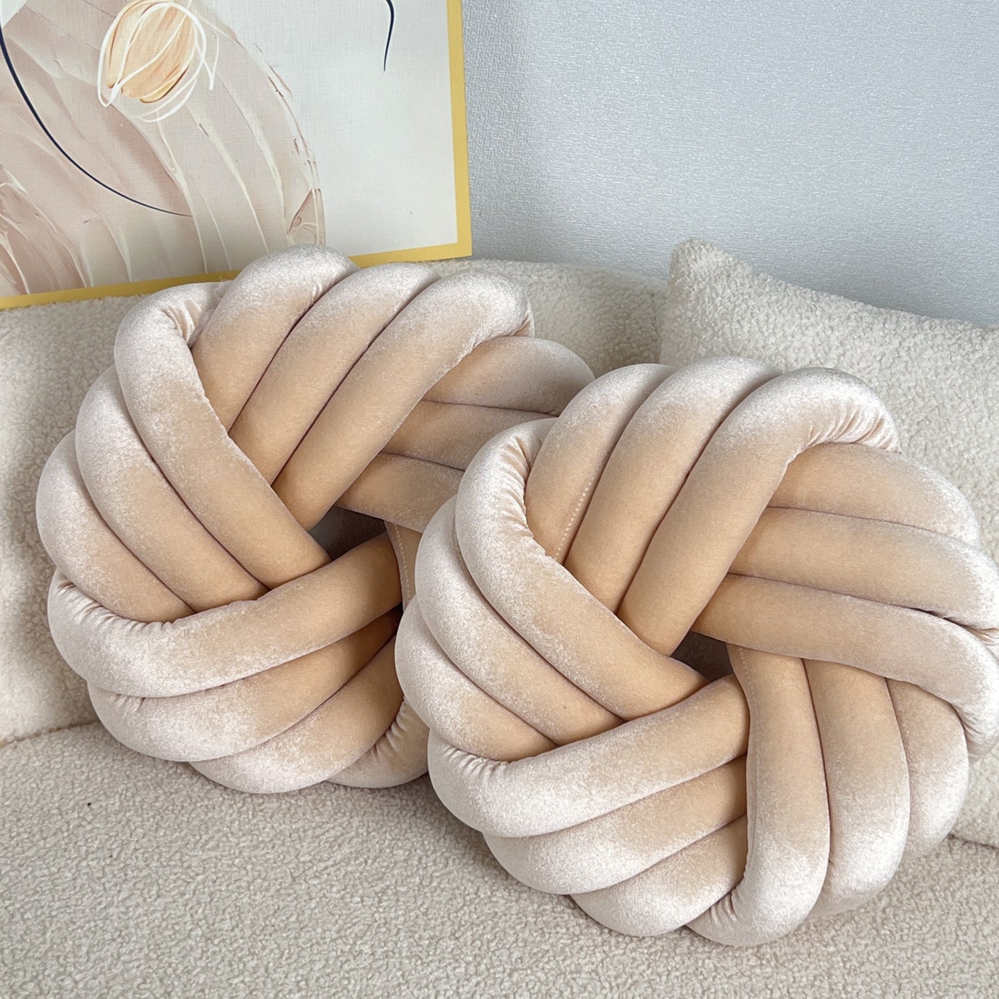 Two Piece Set Round Velvet Knot Cushion in Beige for Stylish Home Decor
