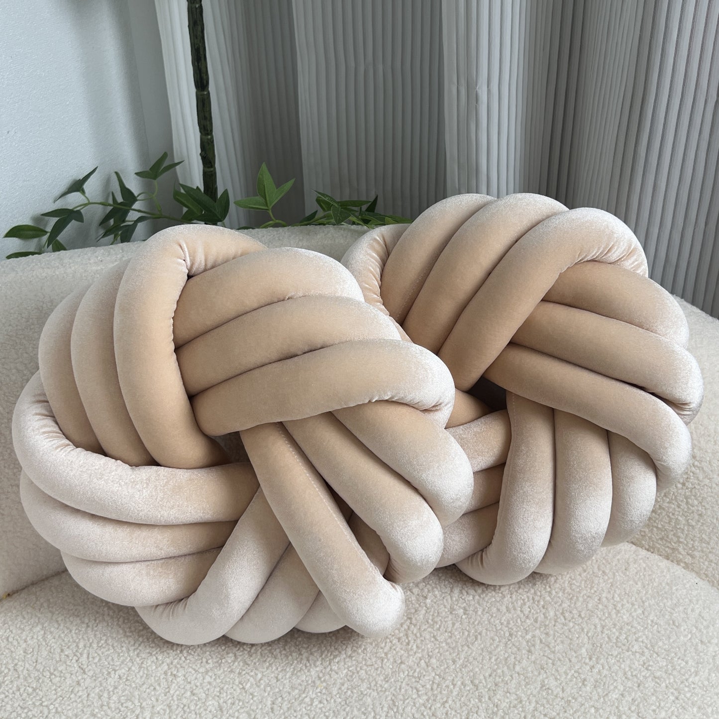Two Piece Set Round Velvet Knot Cushion in Soft Beige for Cozy Home Decoration