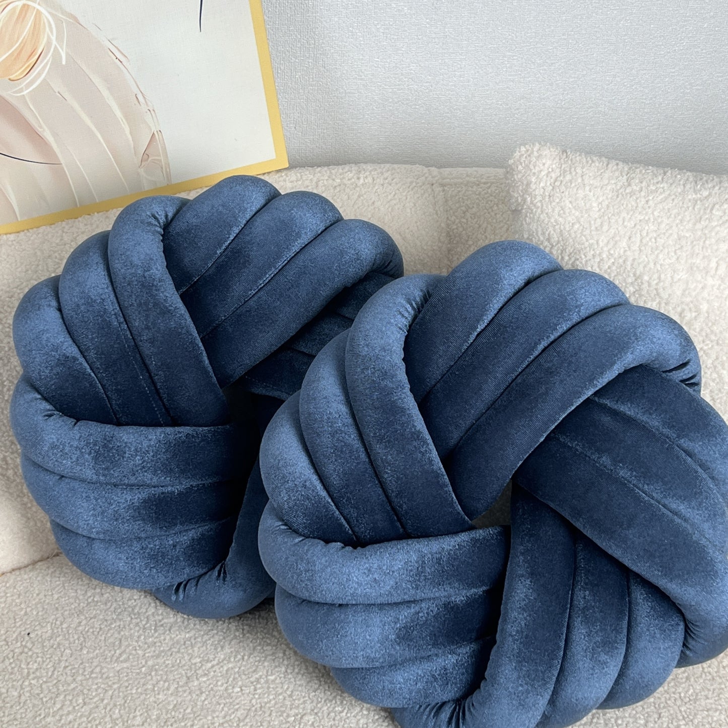 Two Piece Set Round Velvet Knot Cushion in Blue for Cozy Home Decor and Comfort