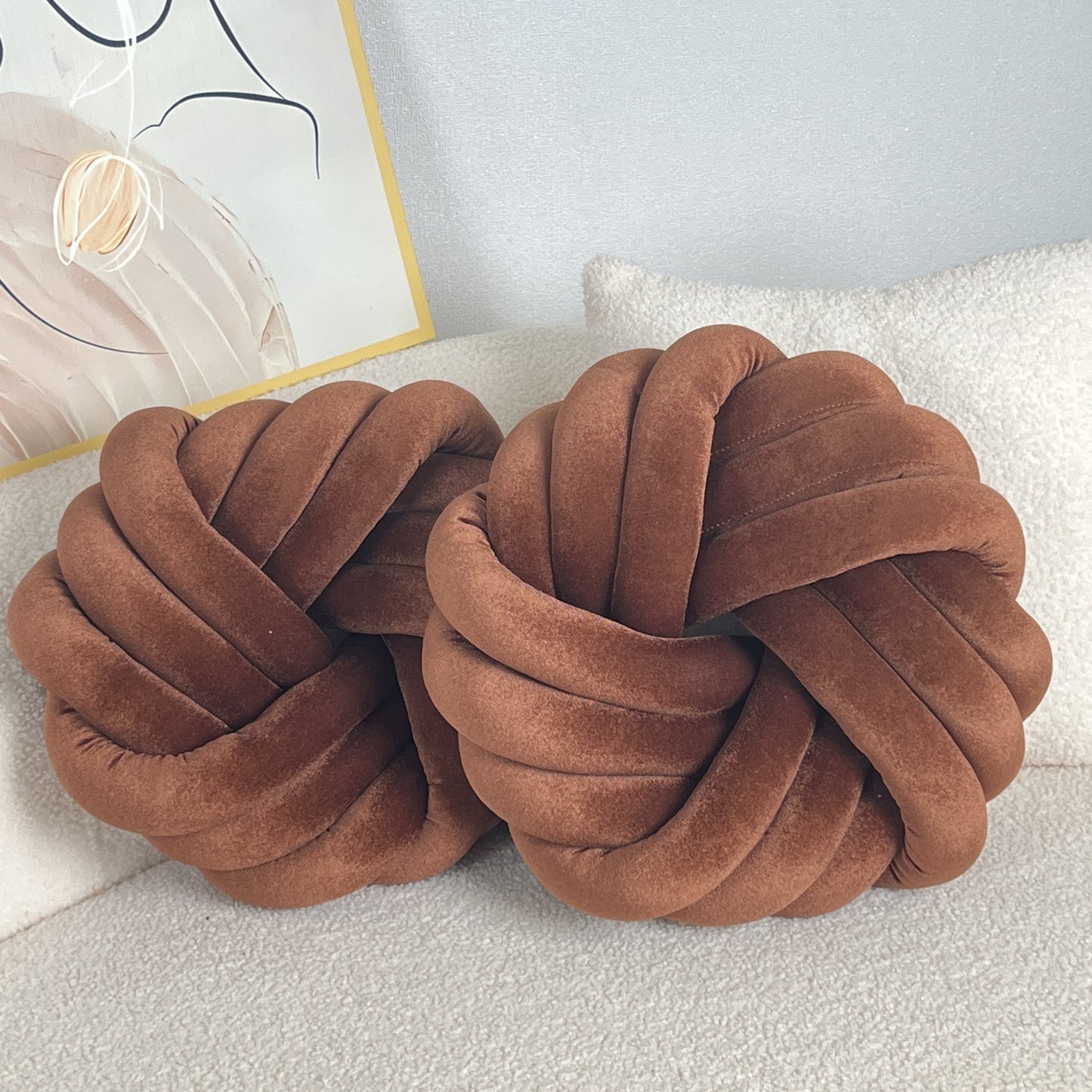 Two Piece Set Round Velvet Knot Cushion in Brown for Stylish Home Decor