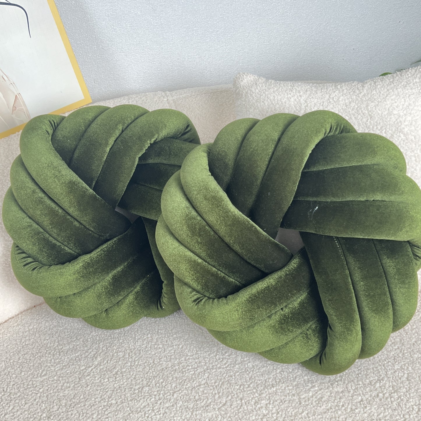 Two Piece Set Round Velvet Knot Cushion in Green for Stylish Home Decor and Comfort