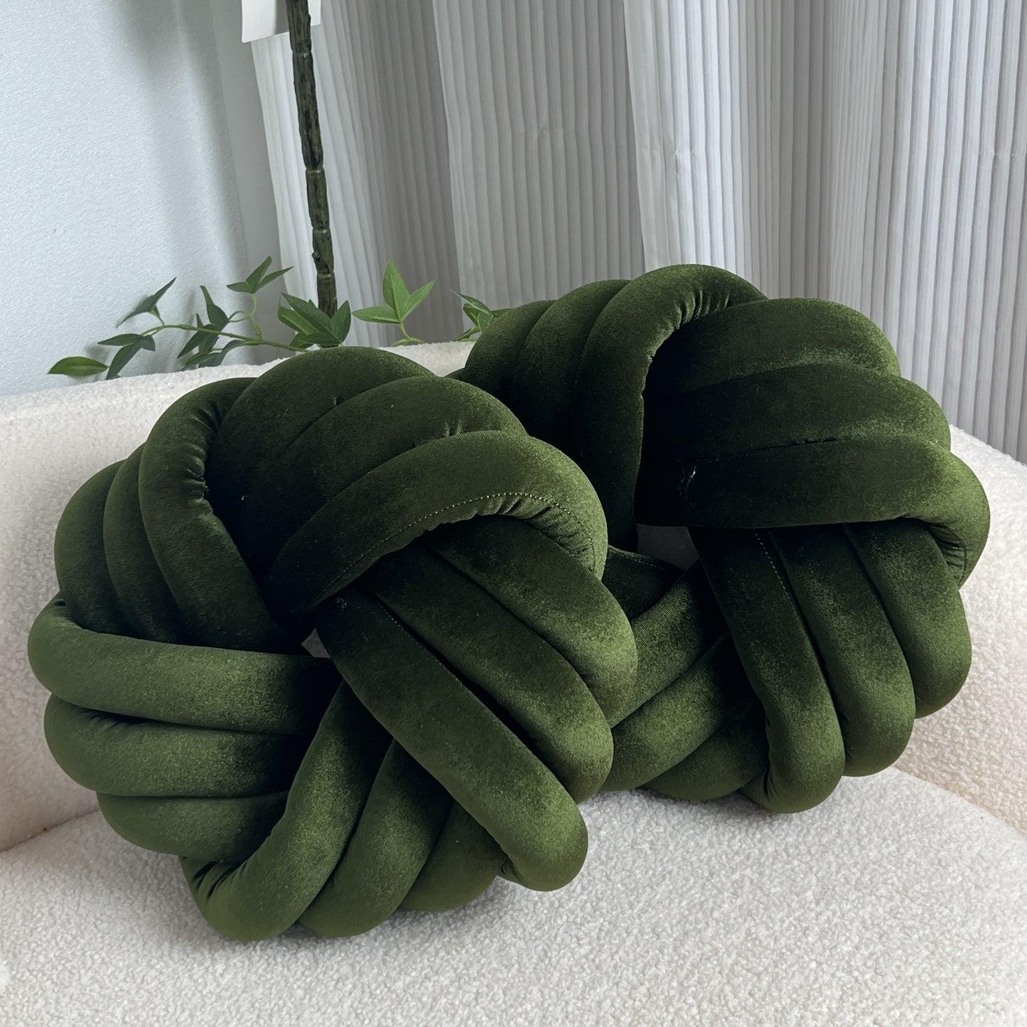 Two Piece Set Round Velvet Knot Cushion in Olive Green for Stylish Home Decor