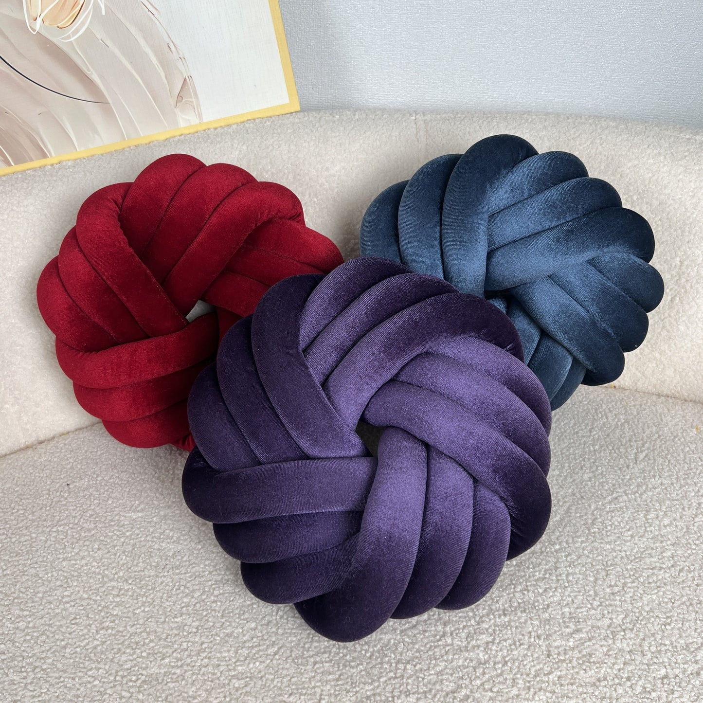Two Piece Set Round Velvet Knot Cushion in Red and Dark Purple for Stylish Home Decor
