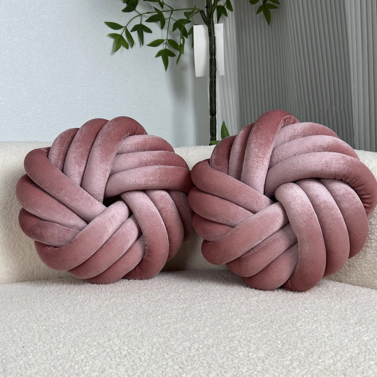 Two Piece Set Round Velvet Knot Cushion in Dusty Pink for Stylish Home Decor