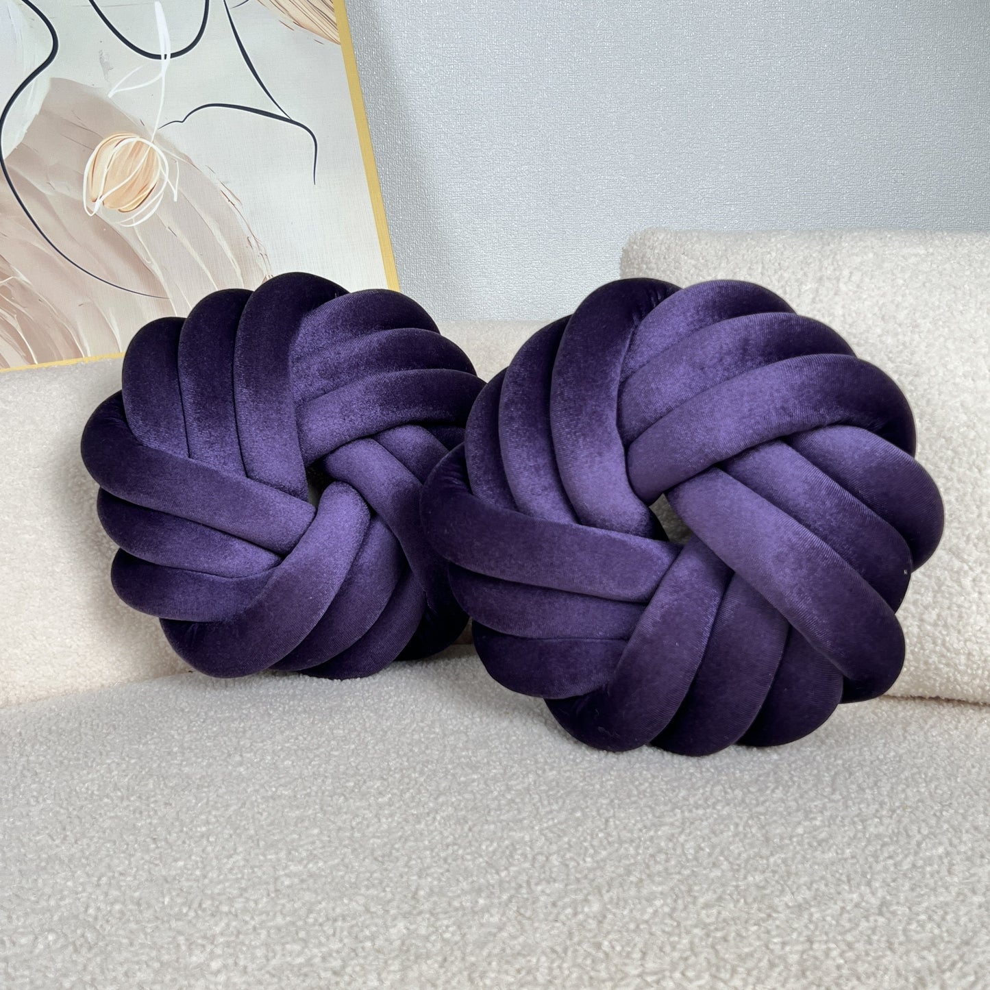 Two Piece Set Round Velvet Knot Cushion in Purple for Cozy Home Decor