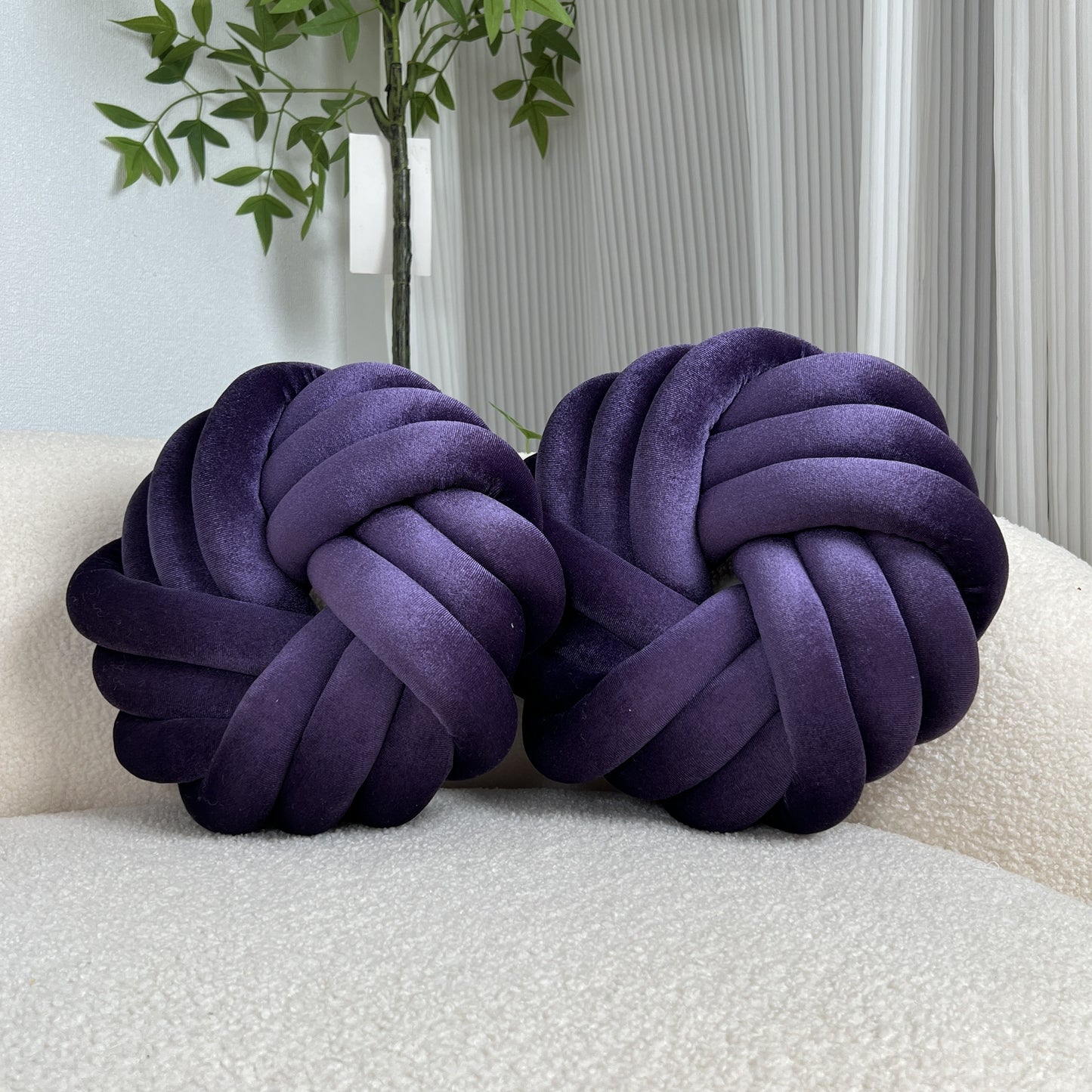 Two Piece Set Round Velvet Knot Cushion in Deep Purple for Stylish Home Decor