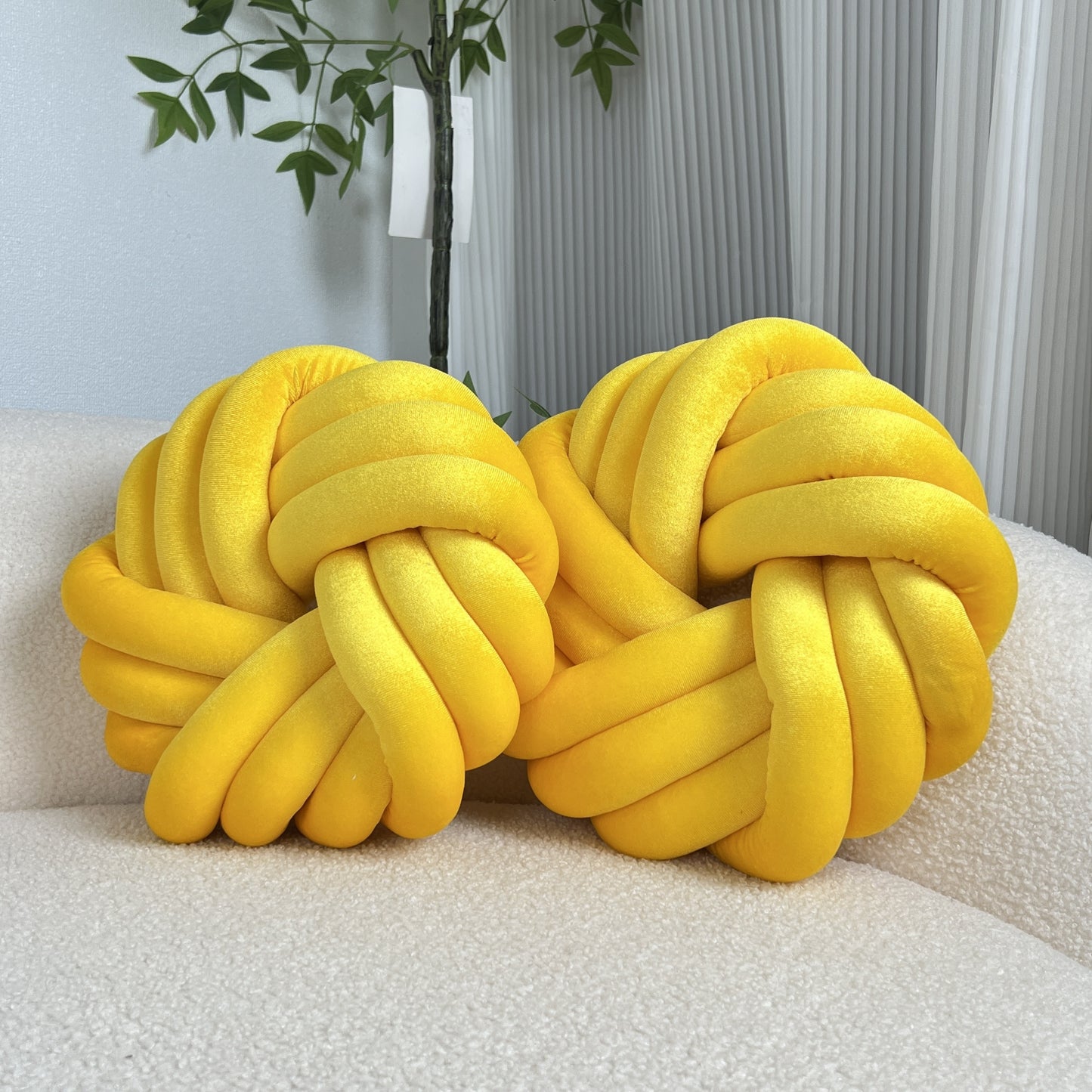 Two Piece Set Round Velvet Knot Cushion in Bright Yellow for Stylish Home Decor