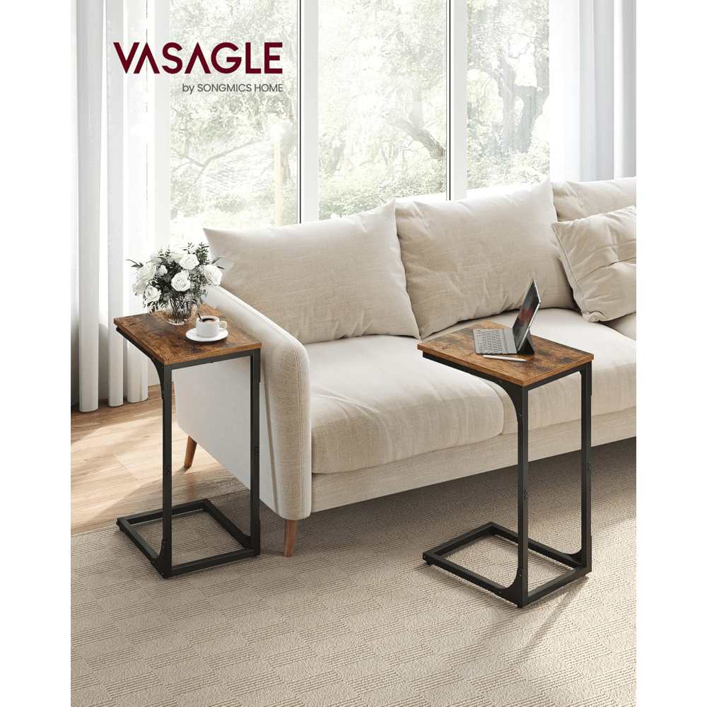 Nutshell C-shaped sofa side table set in rustic wood finish with metal frames for modern living rooms