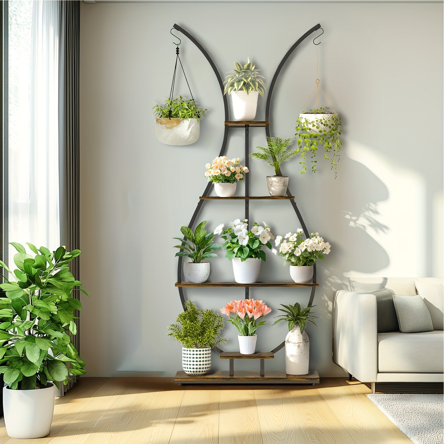 Vase-shape metal plant shelf with multiple tiers for displaying potted plants and flowers indoors